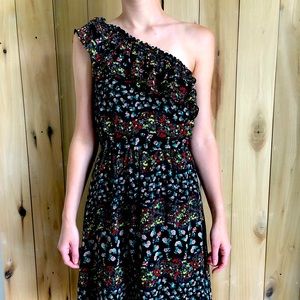 Hazel Ruffle Floral Print Asymmetrical Dress